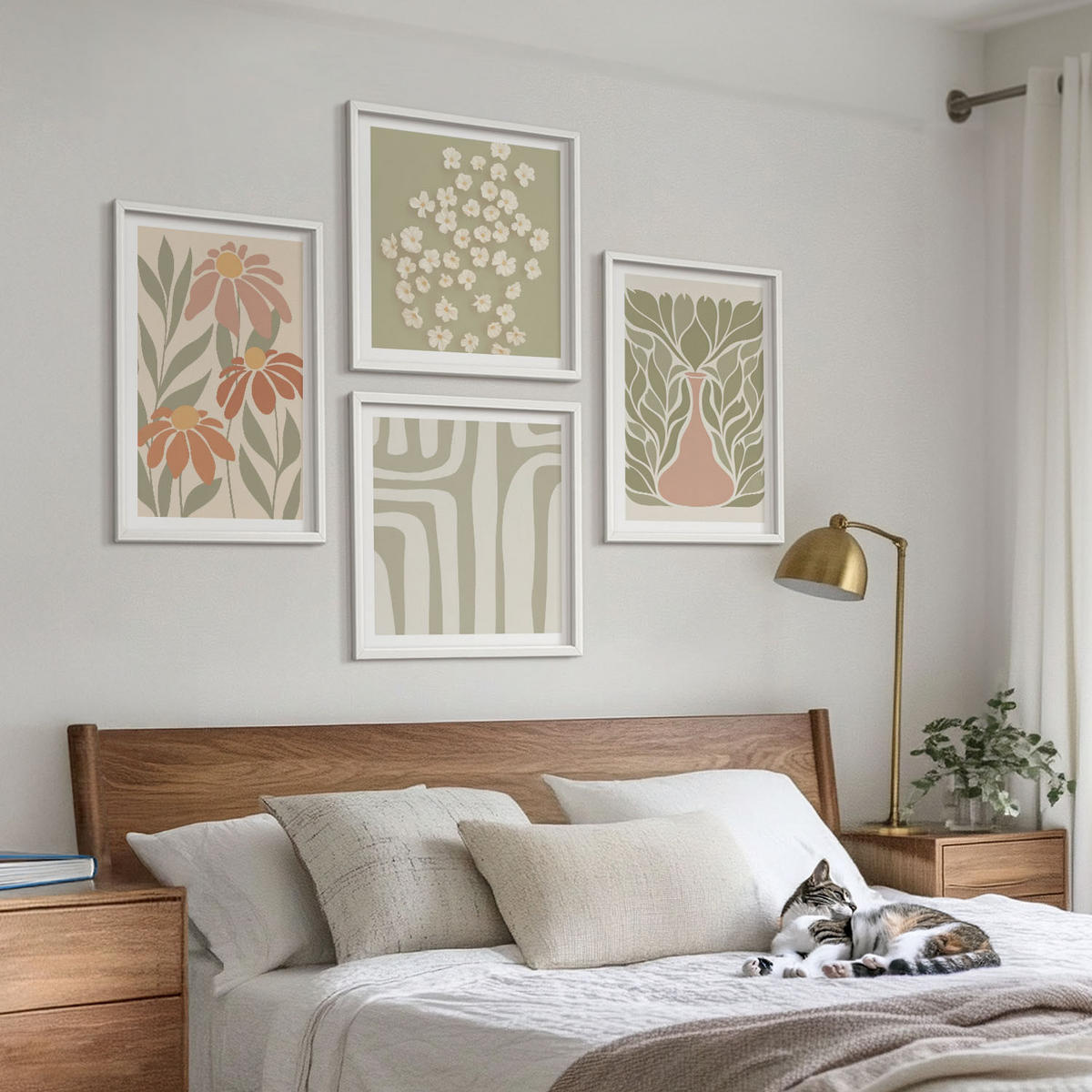 WANDBILDER 4er-Set - 50x50 cm & 40x60 cm Weißer Rahmen - Floraler minimalistischer Boho-Stil - Weiß, Kunststoff (50/50cm) - ArtPrintCave