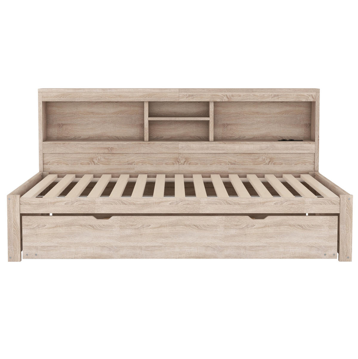 MULTIFUNKTIONSBETT 90/200 cm Natur mit LED-Beleuchtung und Steckdose USB-Anschlüssen - Naturfarben, Holzwerkstoff (90/200cm) - OKWISH