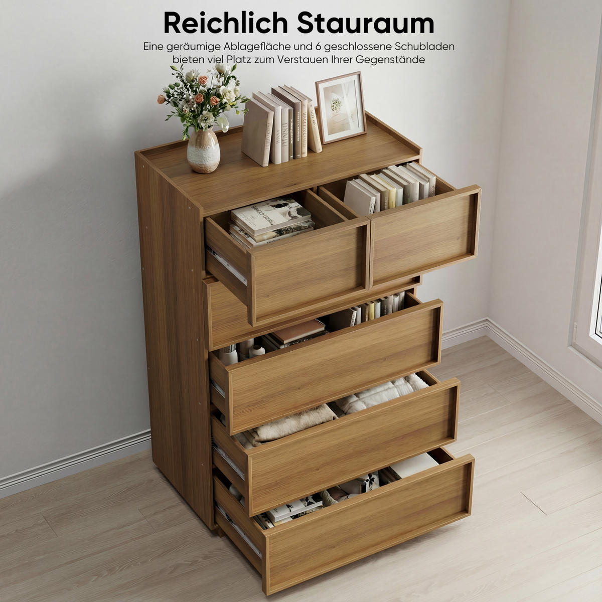 KOMMODE 80/48/127 cm aus MDF und Holzwerkstoff mit 6 Schubladen Eichefarben - Nussbaumfarben, Holzwerkstoff (80/127/48cm) - Modenvie