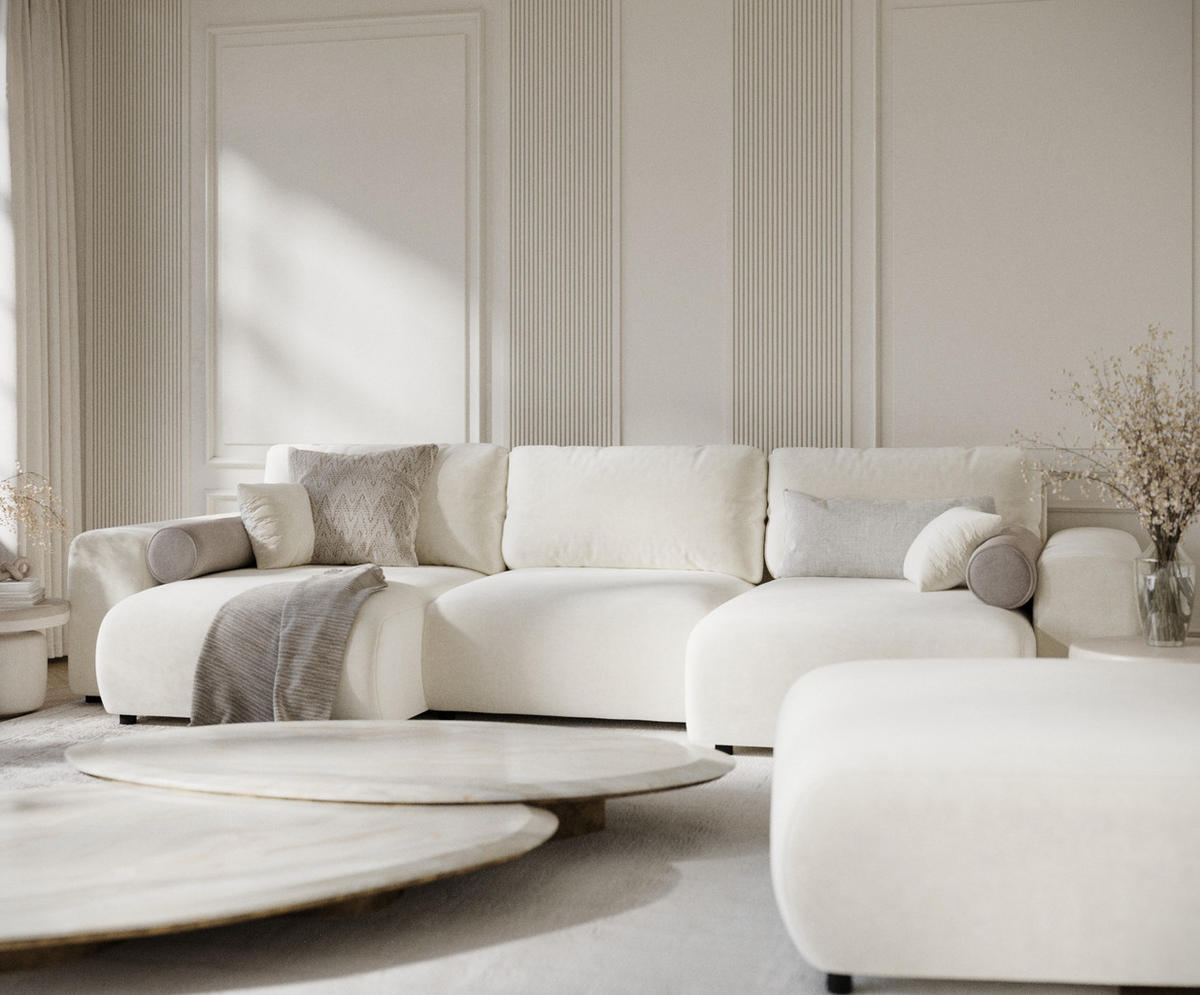 PANORAMASOFA Zanzibar Creme Samtstoff - Creme/Schwarz, Holz/Holzwerkstoff (325/79/144cm) - Maison de Reve