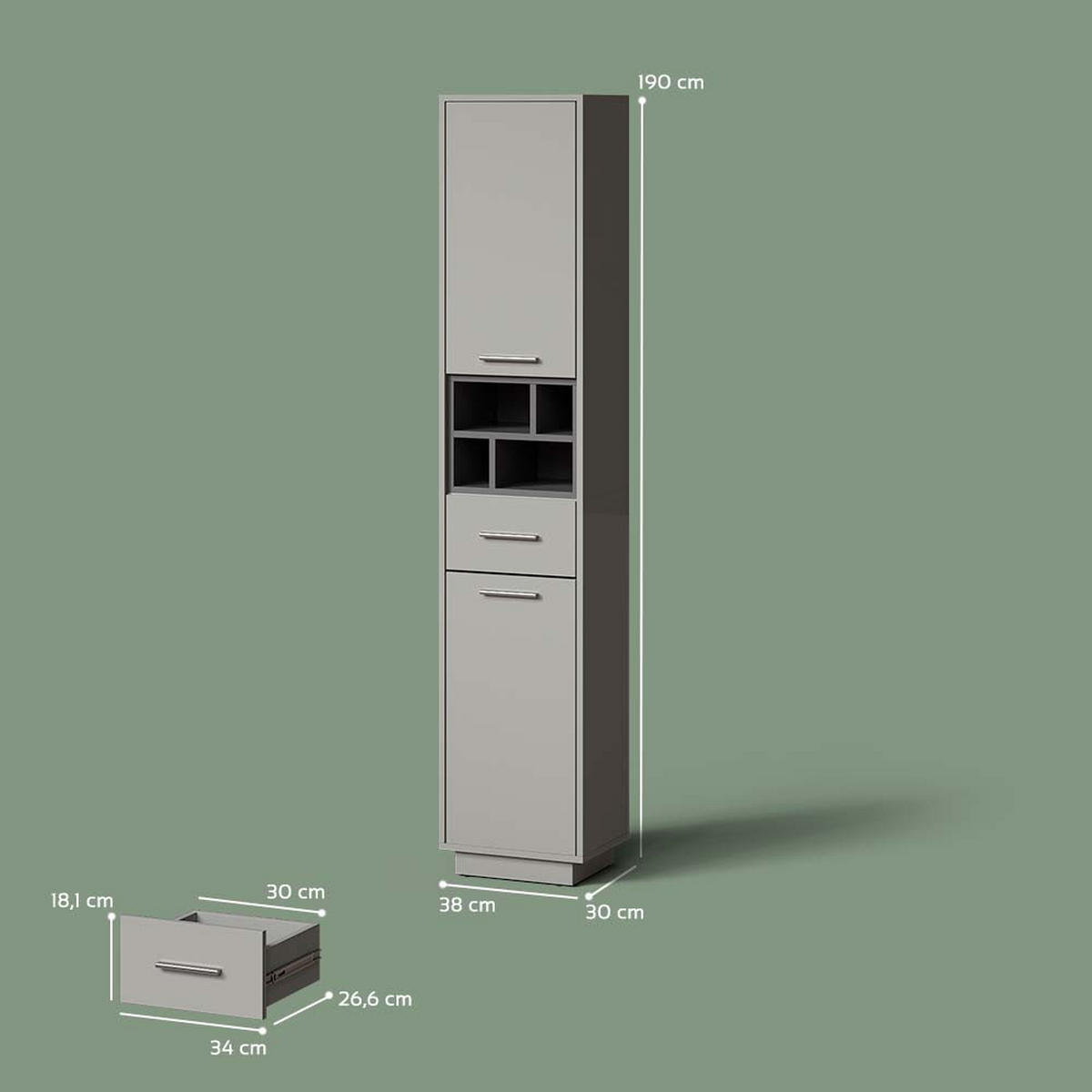 BADSCHRANK Temo Grau/Anthrazit 38 x 190 cm mit Türen, Schublade und offenen Fächern - Anthrazit/Grau, Holzwerkstoff (38/190/30cm) - Livinity®