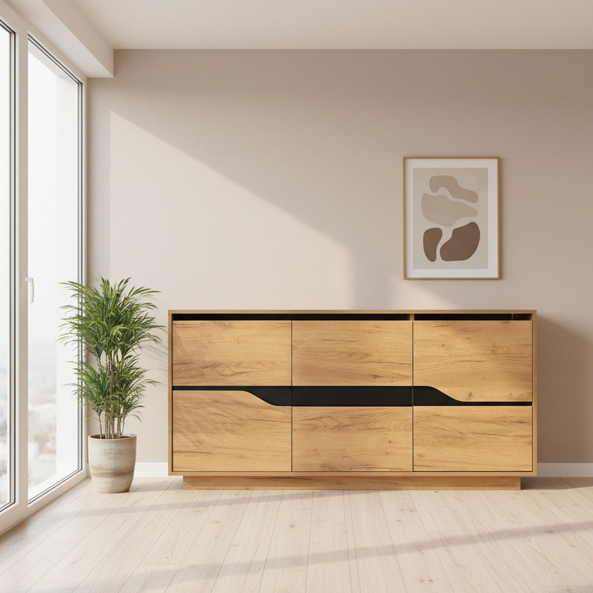 KOMODA industriální ve vzhledu dřeva a černé barvě, 3 dvířka - béžová, textil (40/70/140cm) - Urban Meuble