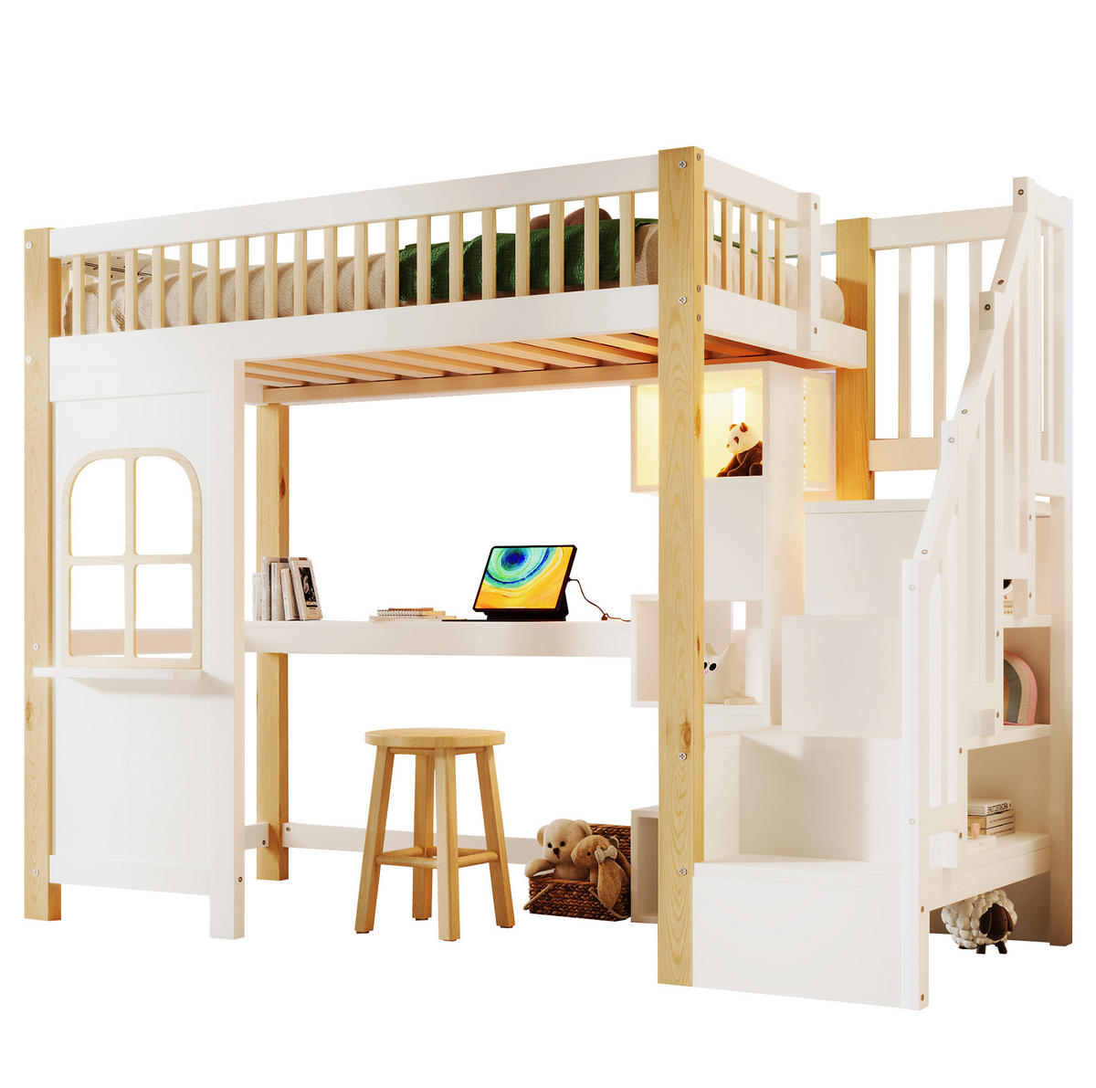 HOCHBETT 90/200 cm mit LED-Beleuchtung, Schreibtisch und Ablageleiter in Weiß/Natur - Weiß, Holz (140/200cm) - Flora Grace