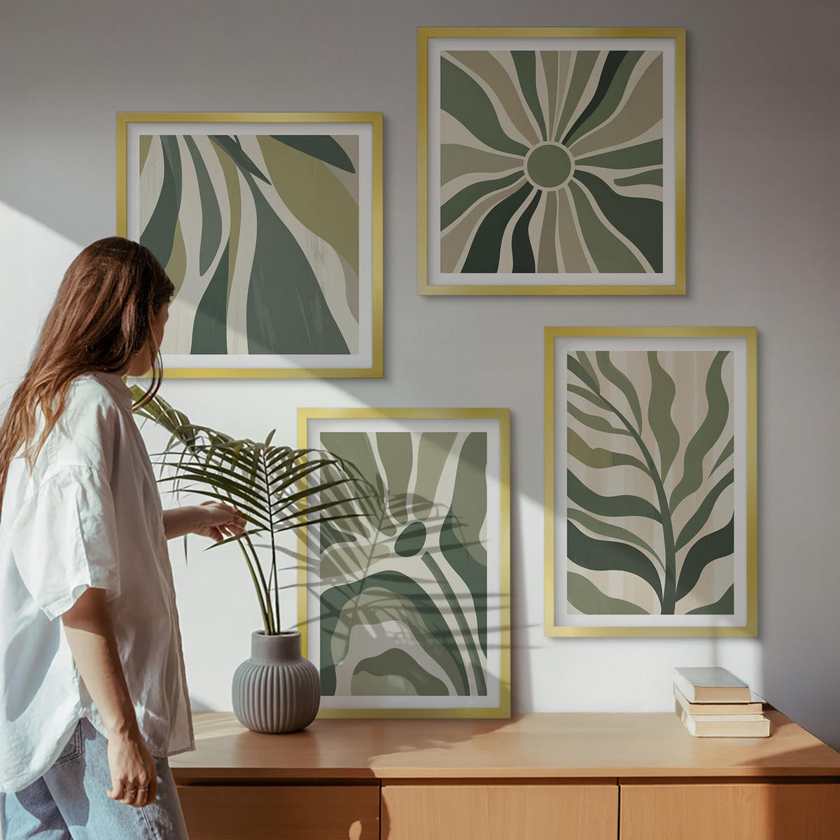 BILDER SET 4er Set - 50x50 cm & 40x60 cm Goldrahmen - Bemalte Blätter mit Grün - Goldfarben, Kunststoff (50/50cm) - TULUP