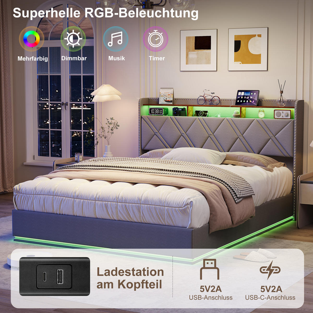 POLSTERBETT 160/200 cm Grau mit hydraulischem Stauraum, LED mit Ablage und USB - Grau, Metall (160/200cm) - EuroLiving