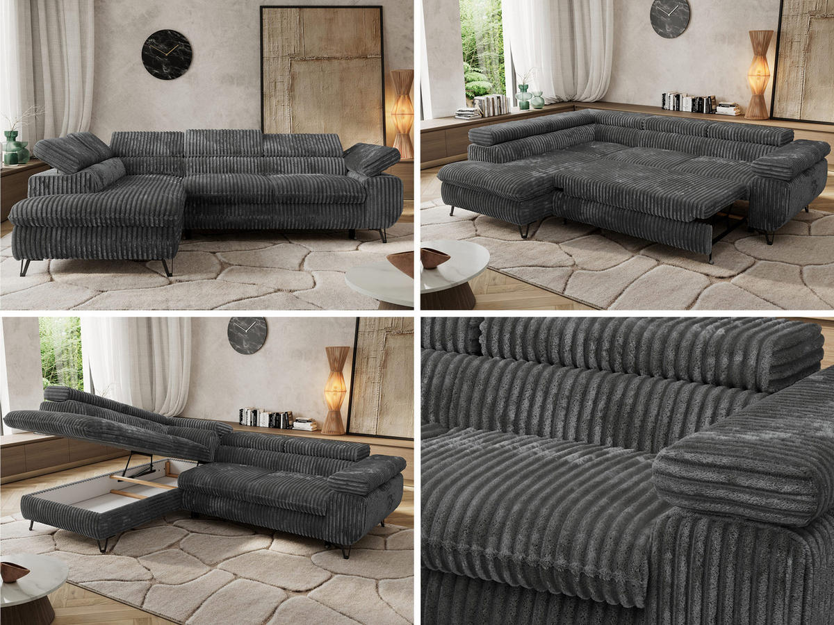 ECKSOFA PABLO L Dunkelgrau Cord - Links Seite mit Visco Topper - Dunkelgrau/Schwarz, Textil/Metall (208/273cm) - MKS