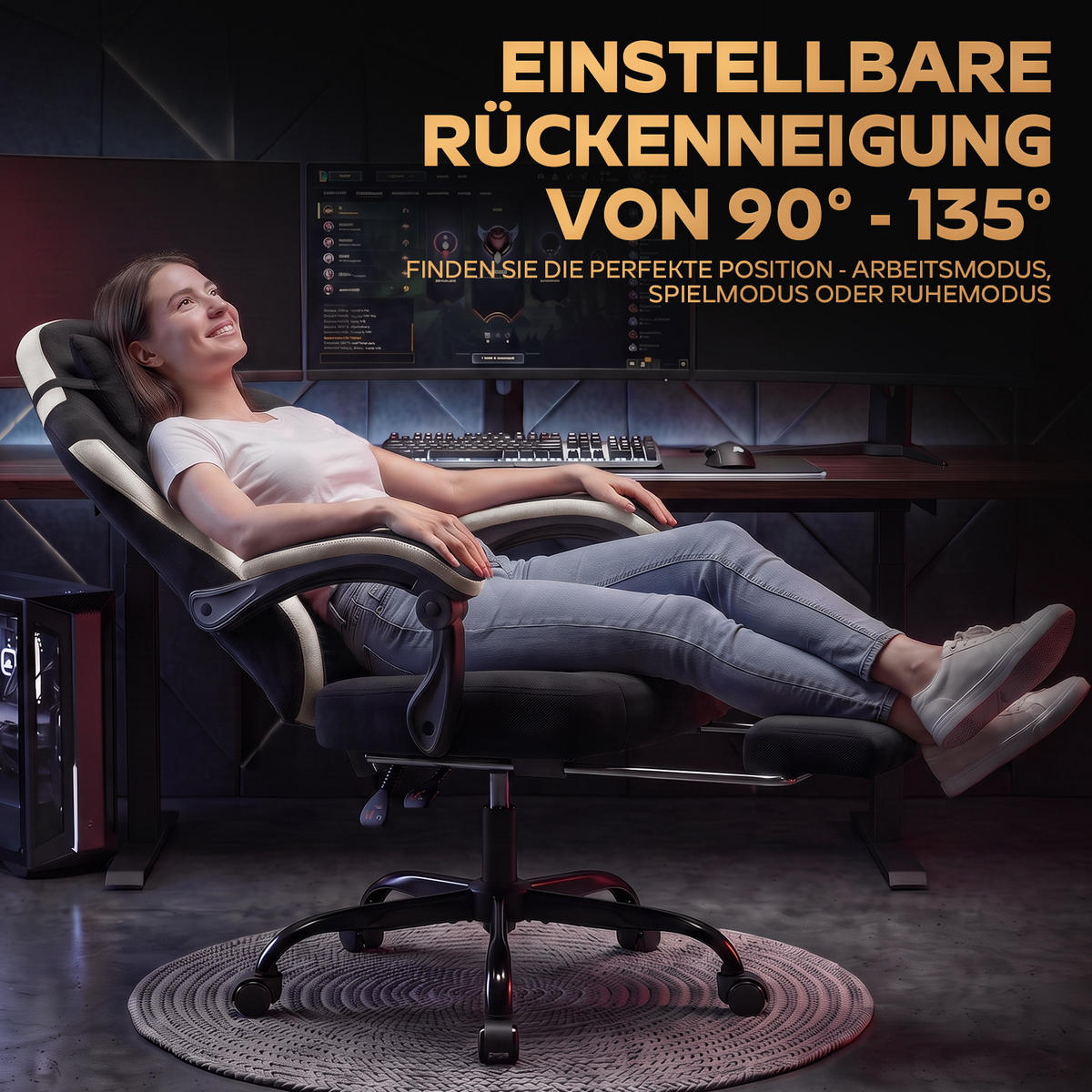 GAMINGSTUHL DE-40995 mit Nackenkissen und Rückenkissen Schwarz/Weiß - Weiß, Metall (58.5/120.5/63cm) - ComfortXL