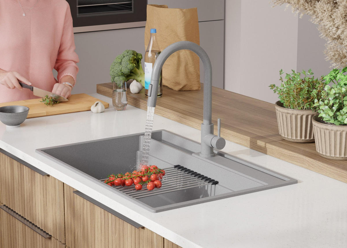 GRANITSPÜLE Oslo Pocket, 2-er set Grau 78/53 cm 1 Becken + Küchenarmatur 32/20 cm + Ablauf-Set + Küchenzubehörset ab 80er Unterschrank - Chromfarben/Beige, Kunststoff (78/20/53cm) - Primagran