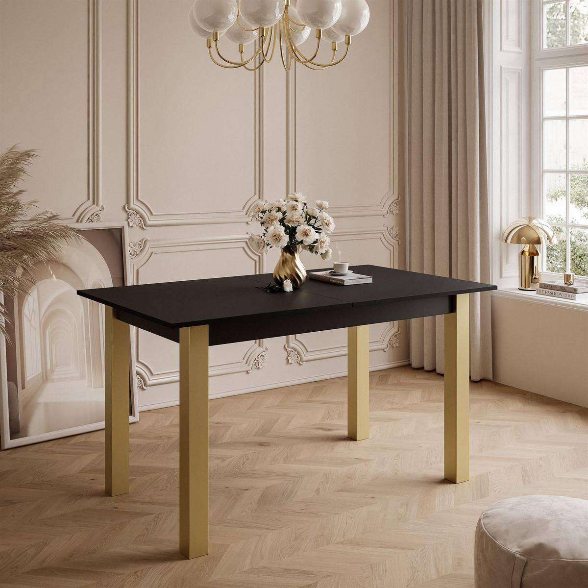 ESSTISCH ARTON GOLD ausziehbarer Tisch 140-195 cm Klapptisch Wohnzimmer - Goldfarben/Schwarz, Holzwerkstoff/Metall (140/80/77cm) - Lookway