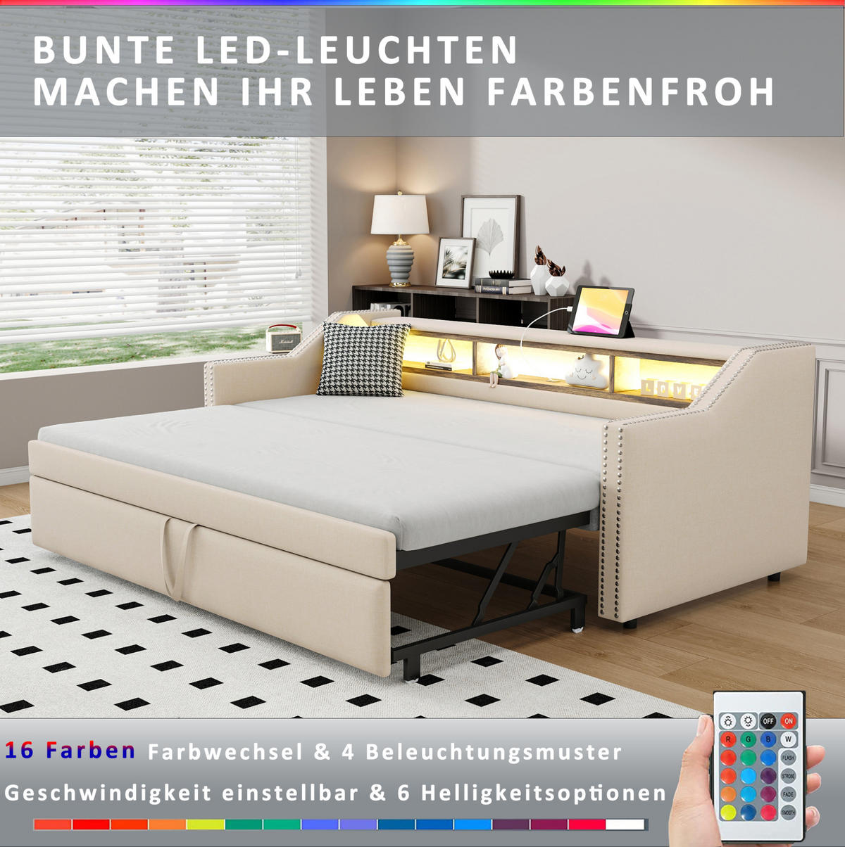 SCHLAFSOFA 90/190 cm ausziehbar mit LED, Matratze,USB, Ablagefächern und Leinenbezug, Beige - Beige, Textil (102/74/203.5cm) - Redom