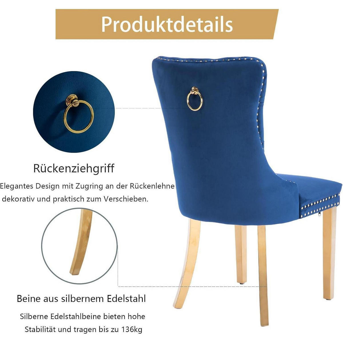 ESSZIMMERSTUHL 2er-Set Samt Blau mit goldenen Edelstahlbeinen - Blau, Textil (50/95.2/62cm)