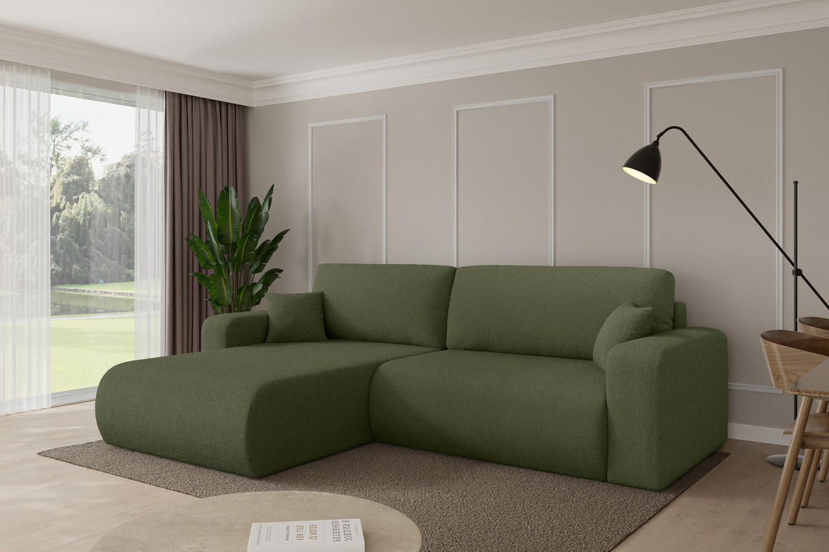 ROHOVÁ SEDAČKA s funkcí spaní, otoman vlevo BERY-L 276x193x88 zelená bouclé - černá/zelená barva, kompozitní dřevo/textil (276/193cm) - ALTDECOR