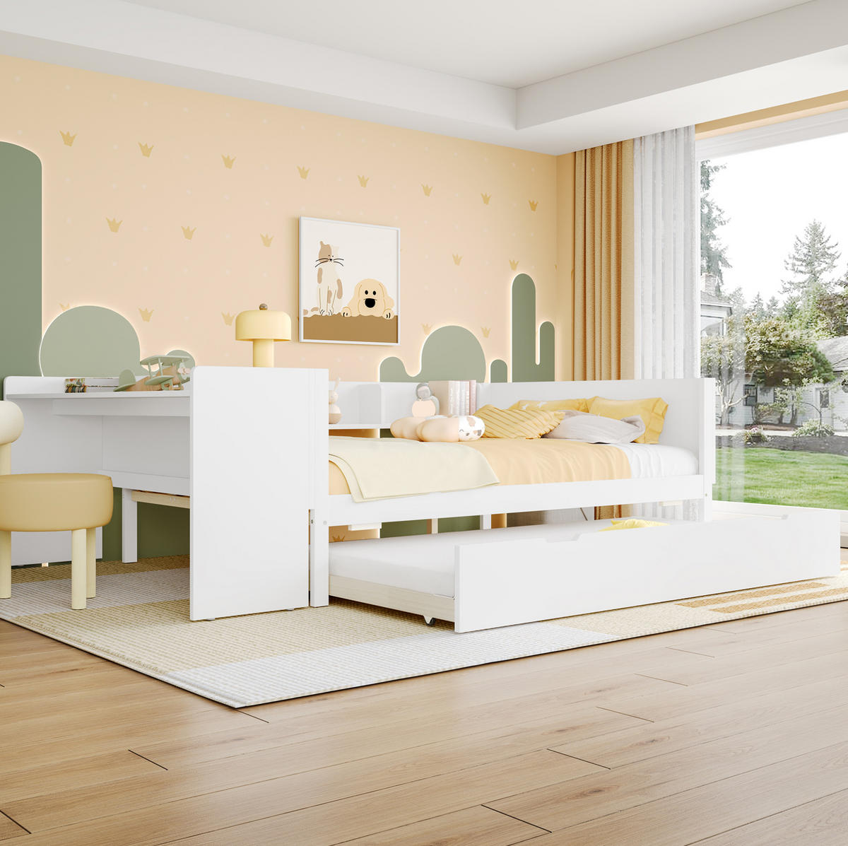 KINDERBETT aus Kiefernholz 140x200 cm Weiß mit Schreibtisch, Rollbett und Regalen - Weiß, Holzwerkstoff (140/200cm) - Modfu