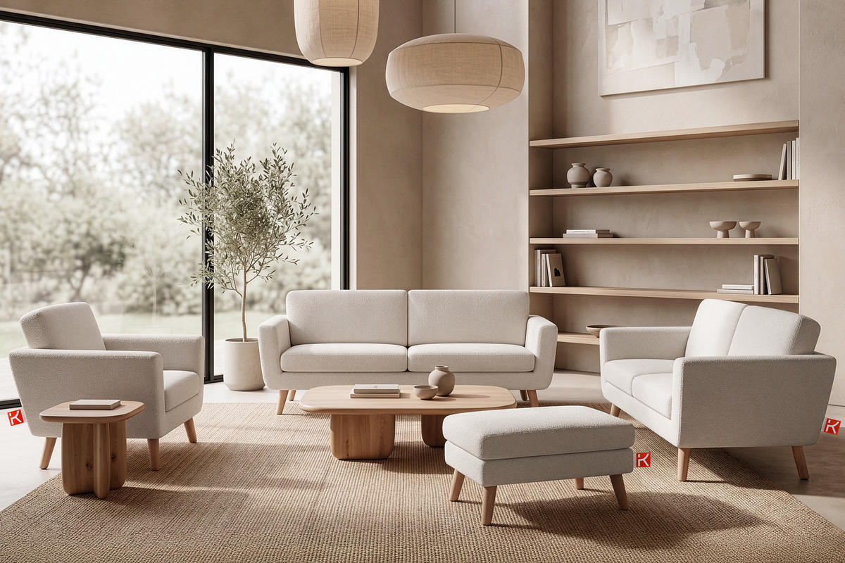 SOFA TAGIO mit Armlehnen, Weiß - Braun/Weiß, Buchenholz/Textil (153/80/84cm) - KONSIMO®