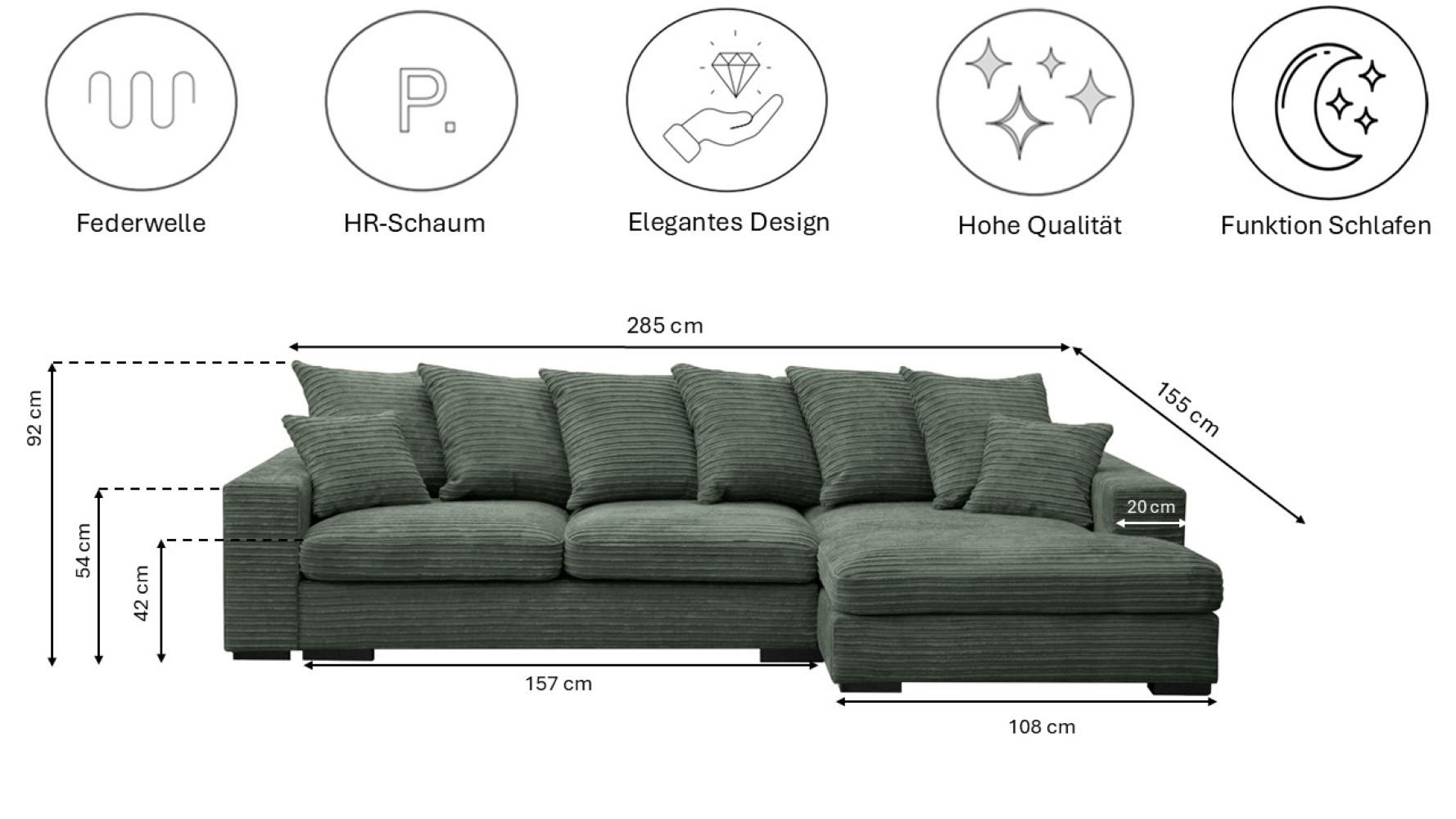 Thumbnail - Kaiser Möbel Ecksofa, Grün, Holz, L-Form, 285x155 cm, Wohnzimmer, Sofas & Couches, Wohnlandschaften, Ecksofas