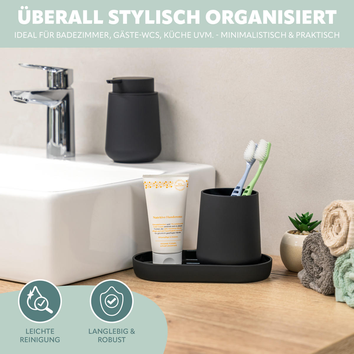 BAD-ACCESSOIRES-SET TESERO, Soft-Touch, schwarz - Schwarz, Kunststoff (18.5/13.5/10cm) - eluno