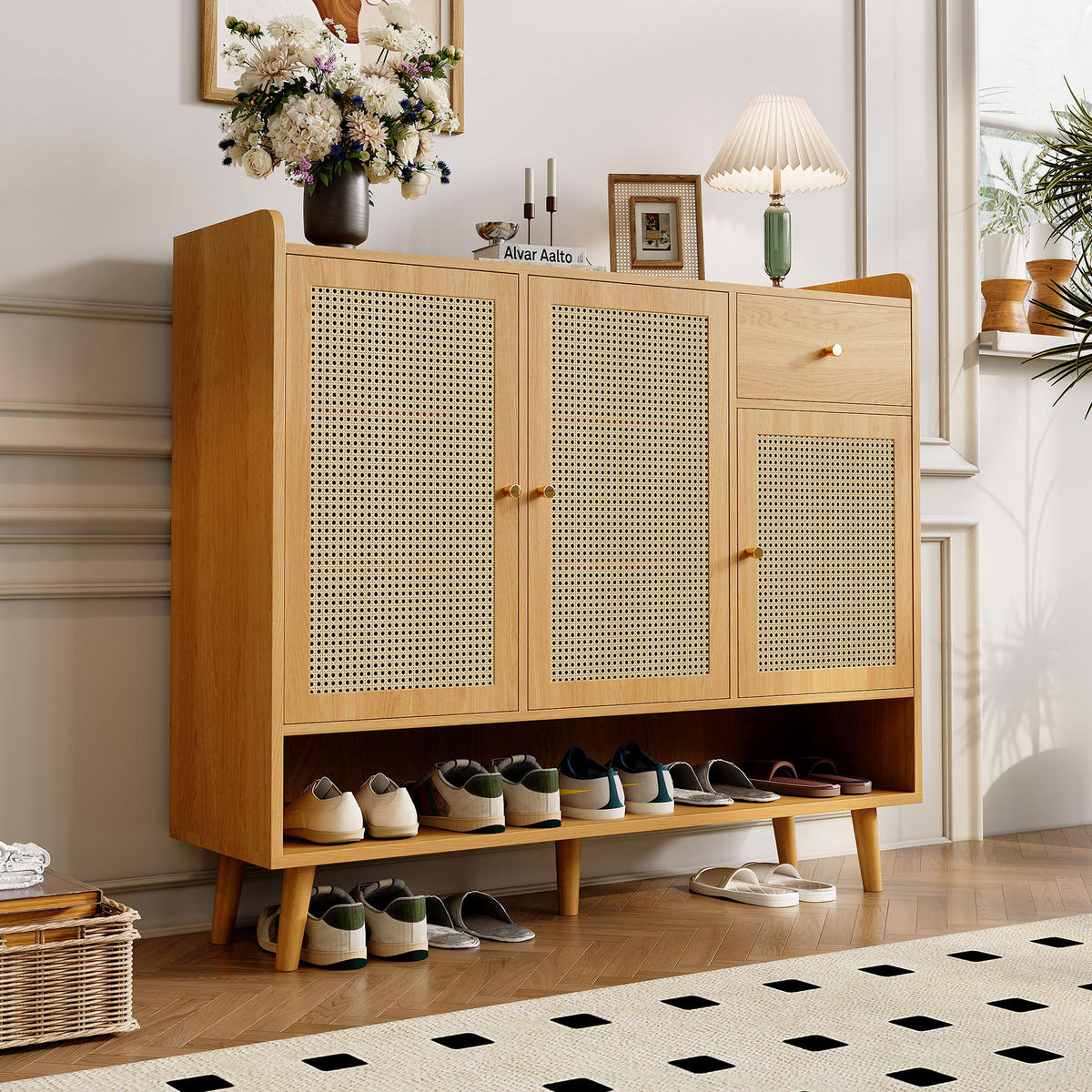 SCHUHSCHRANK 120/35/106 cm mit 3 Türen, 1 Schublade, Regalböden und Massivholzbeinen, Natur - Naturfarben, Holzwerkstoff (120/106/35cm) - Redom