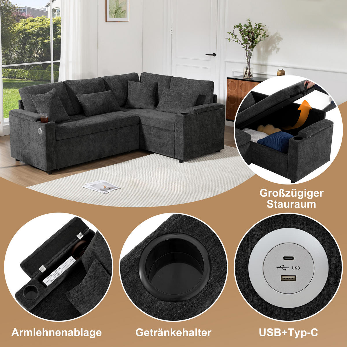 ECKSCHLAFSOFA 206.5/141/86 cm Dunkelgrau mit Stauraum, Getränkehalter, USB-Ladeanschluss und Armlehnenablage - Dunkelgrau, Textil (206.5/141cm) - Oxeza