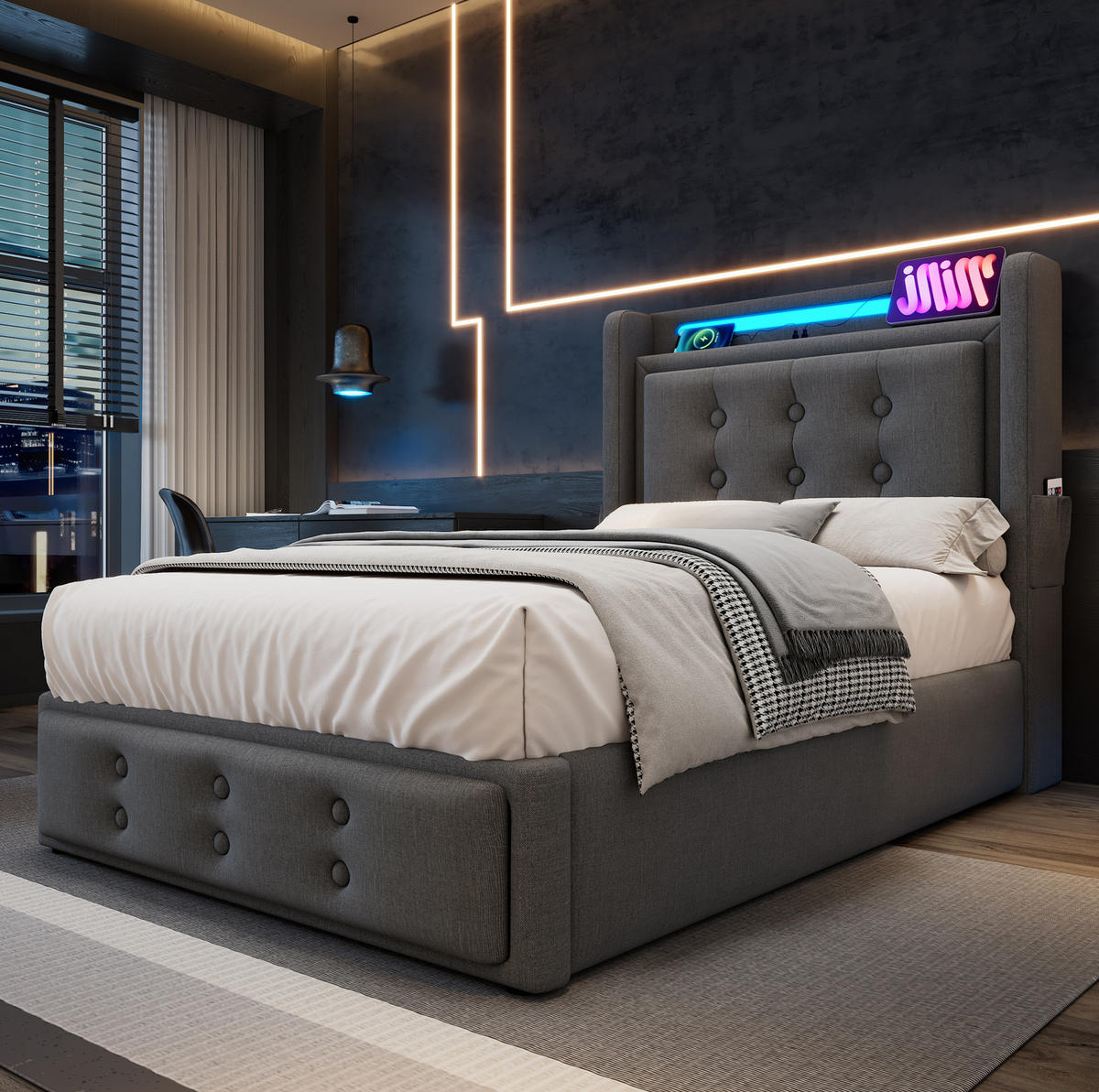 POLSTERBETT 90/200 cm mit LED-Beleuchtung, USB-C und Bettkasten aus Baumwoll-Leinenstoff, und Matratze,Grau - Grau, Textil (90/200cm) - Redom