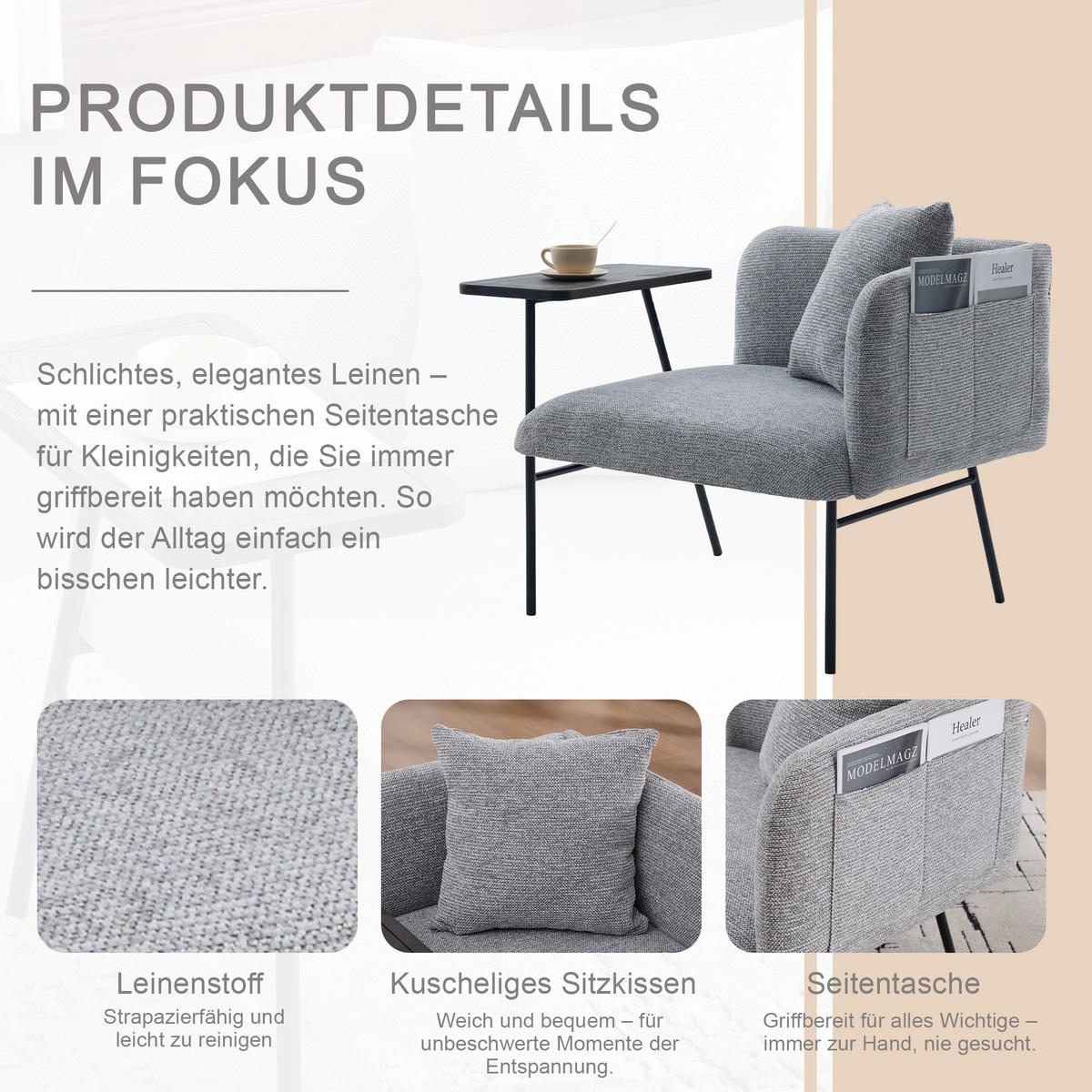 SESSEL Chenille Grau mit Beistelltisch und Seitentaschen - Grau, Textil/Metall (86/71/72cm) - WISHDOR