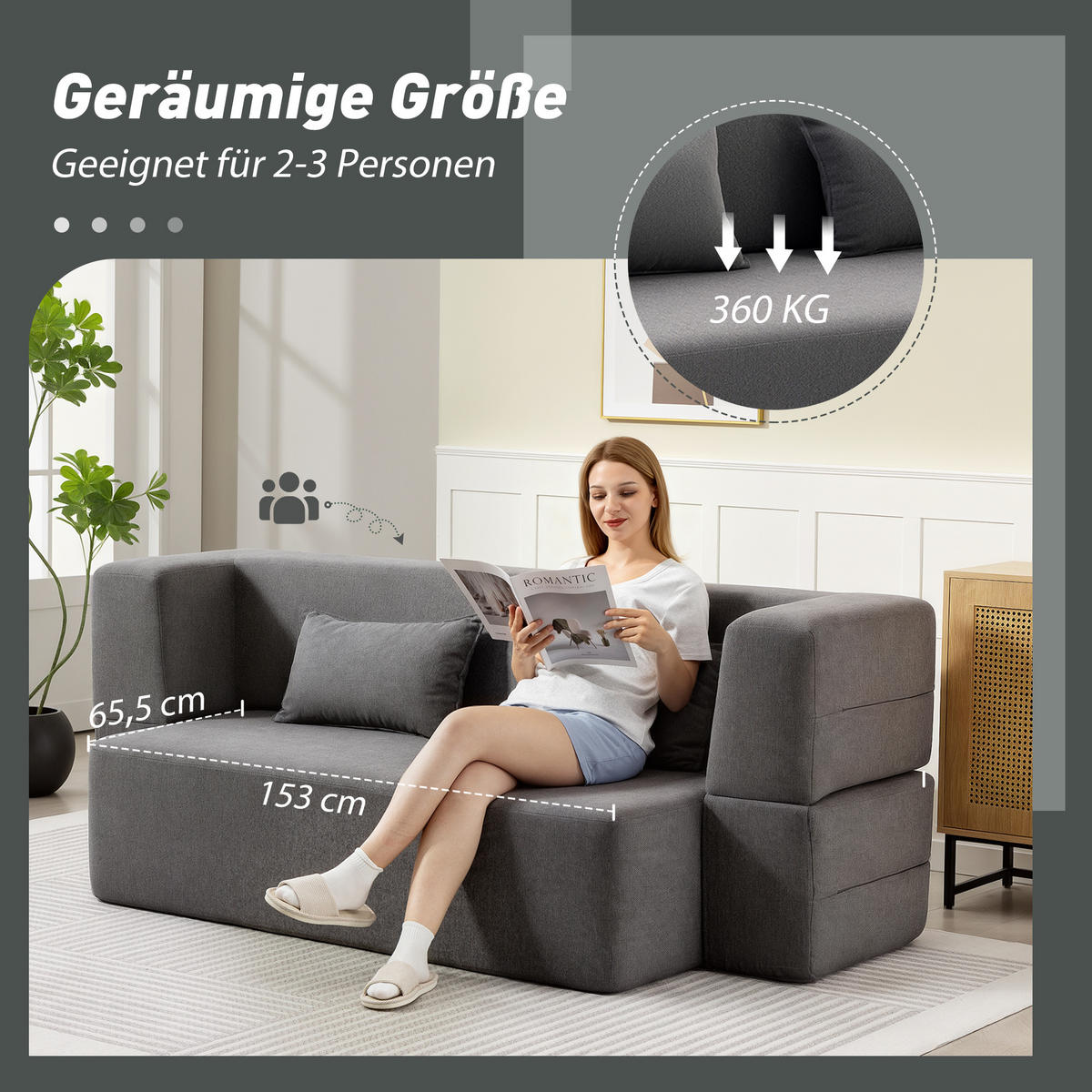 2-SITZER-SCHLAFSOFA aus Schaumstoff mit breiten Armlehnen, 2 Kissen, Grau - Grau, Textil (95/75/203cm) - HOMCOM