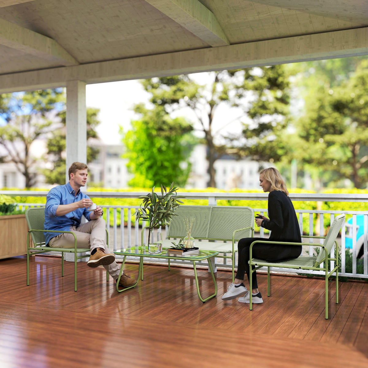 GARTENLOUNGE 4tlg DE-13634 Polyrattan mit Glastisch Grün - Grün, Metall - ComfortXL
