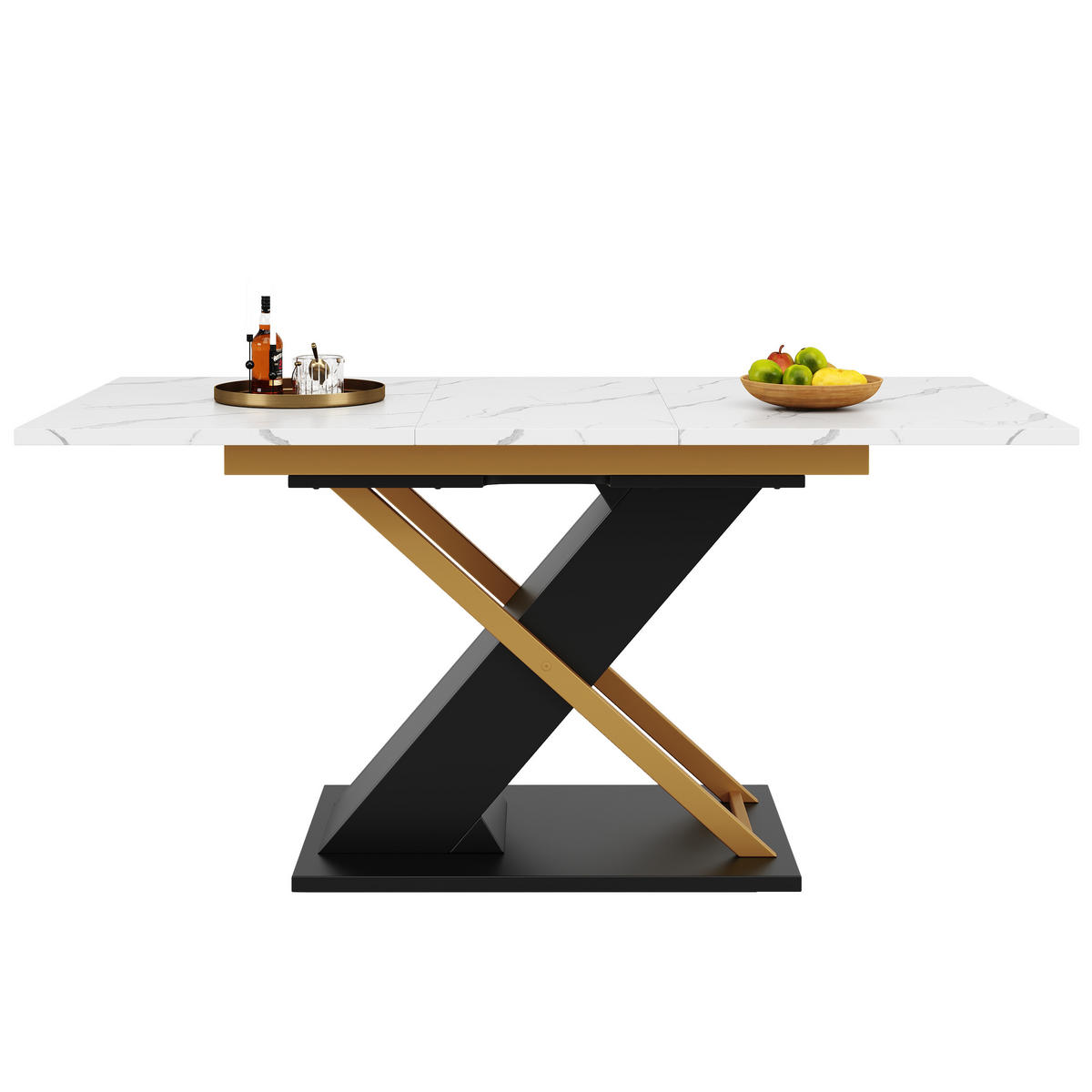 ESSTISCH 120-160x80x75 cm in Weiß Gold Schwarz aus MDF mit Marmoroptik auf schwarzen Kreuzbeinen ausziehbar - Weiß, Holzwerkstoff (160/80/75.4cm) - Modfu