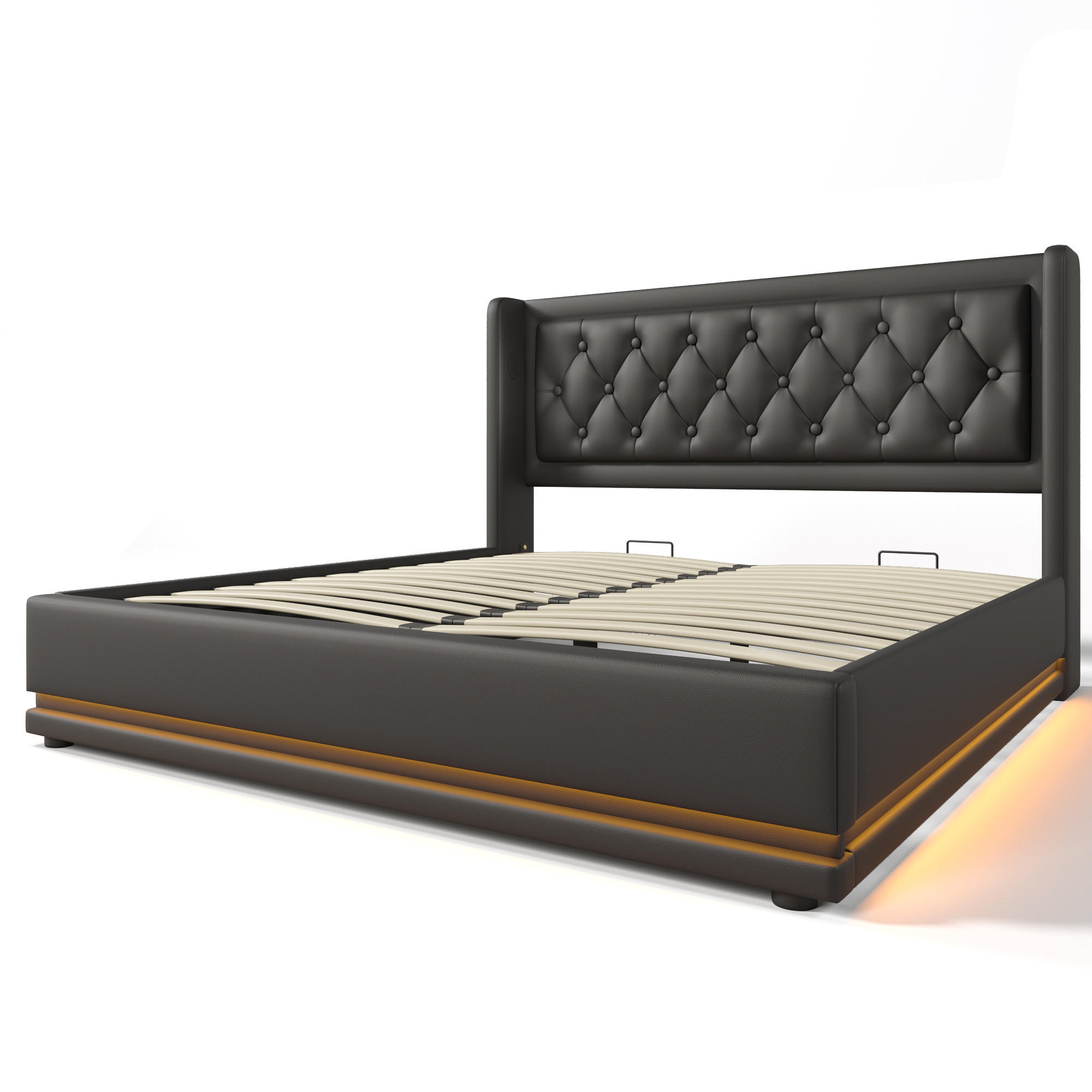 POLSTERBETT aus Kunstleder 180x200 cm in Schwarz mit LED & USB-C-Ladefunktion - Schwarz, Leder (180/200cm) - Modfu