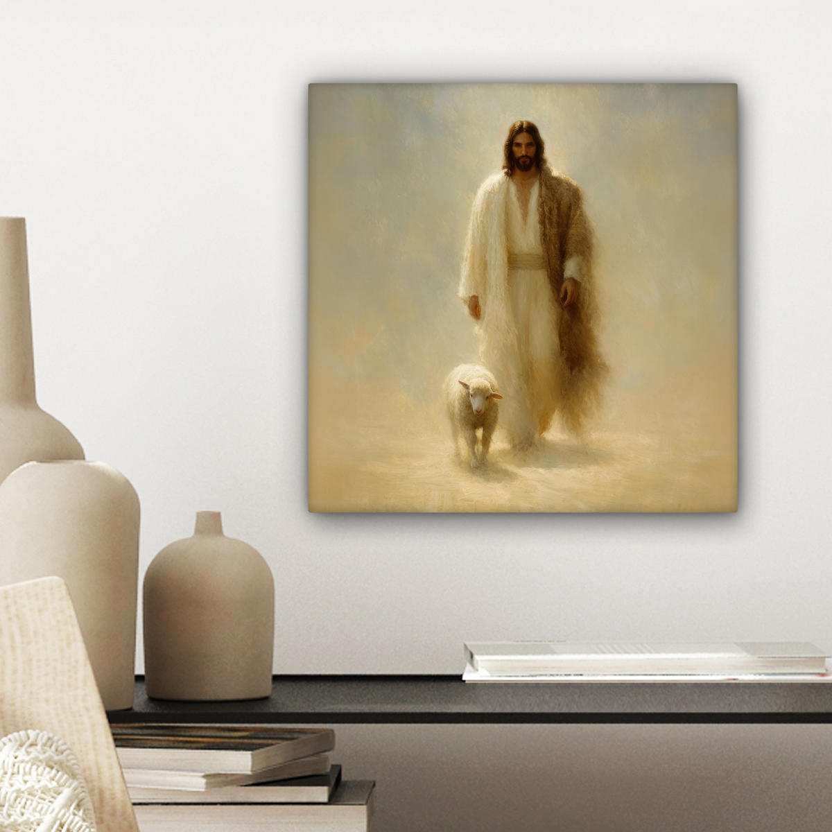LEINWANDBILD Schaf - Jesus - Pinselstriche - Abstrakt Deko Wohnzimmer 20x20 cm - Sandfarben, Textil (20/20cm) - MuchoWow