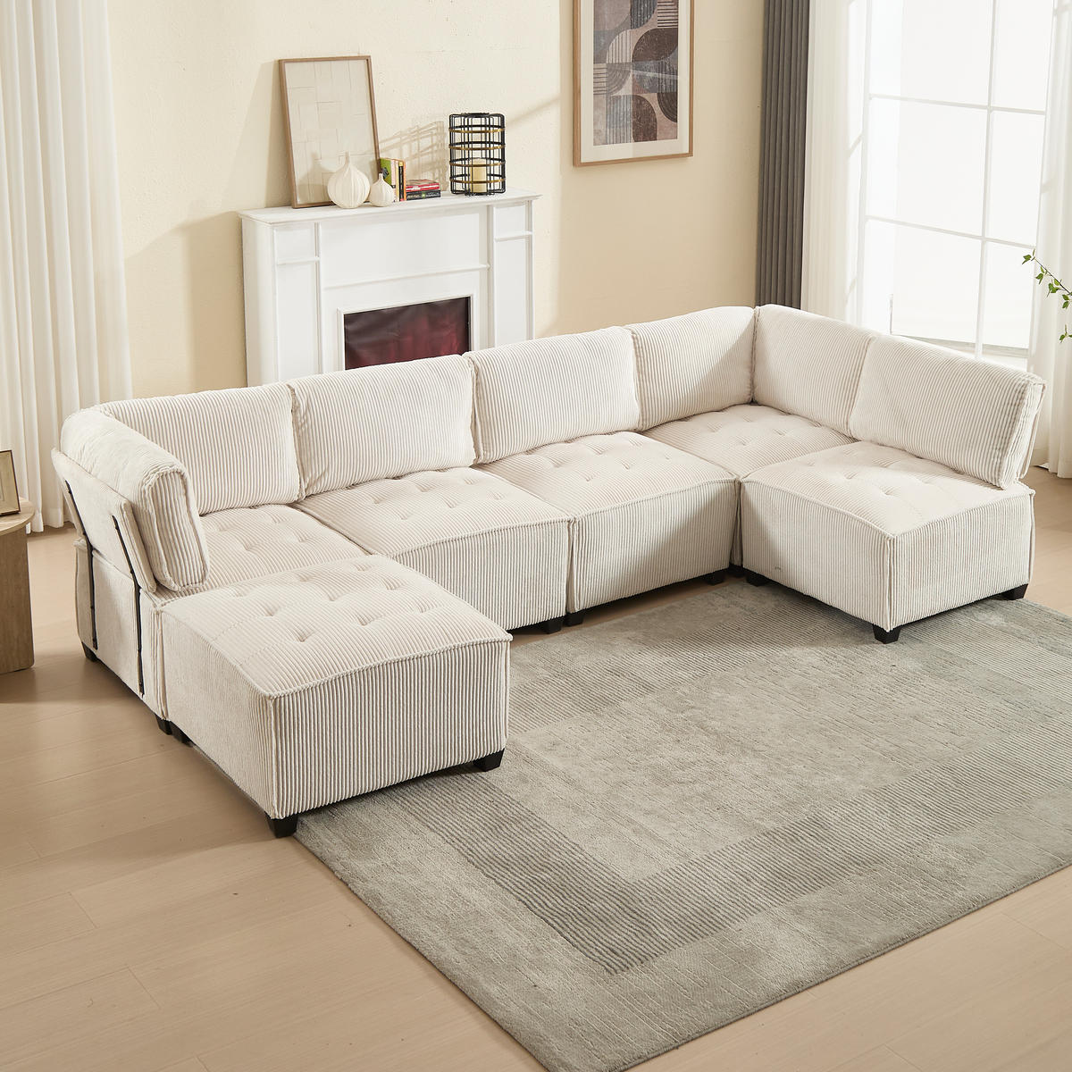 MODULARES 6-Sitzer Sofa Cord U-/L-Form und Eckschlafsofa Beige 308/154/82 cm - Beige, Textil (154/308cm) - Redom