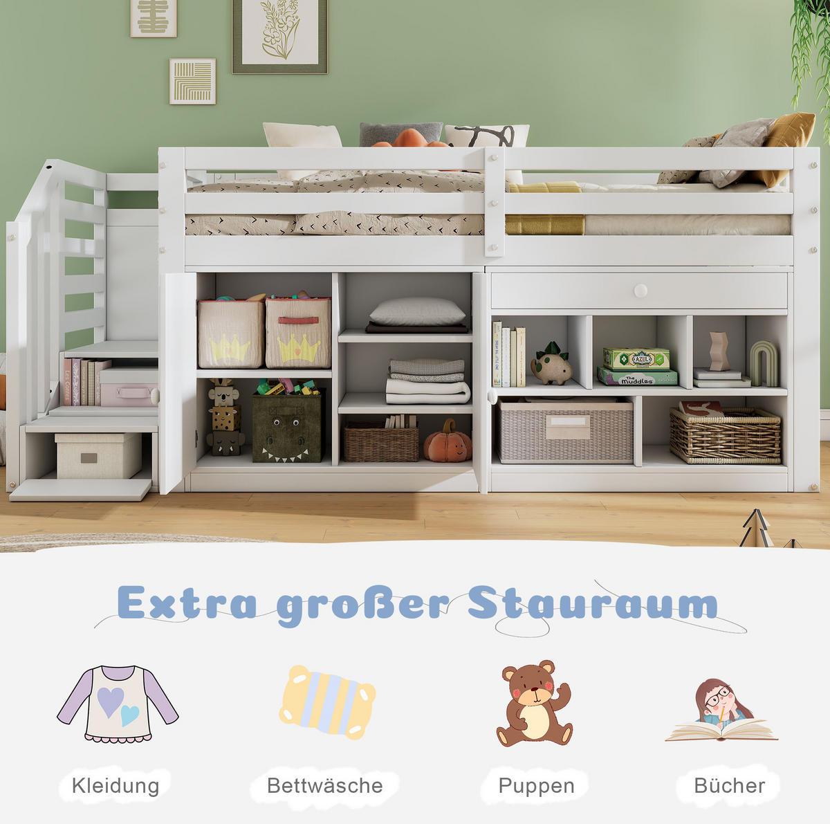 KINDERBETT 90/200 cm aus Massivholz mit Stauraum und ausklappbarem Schreibtisch - Weiß, Holz (90/200cm) - Flora Grace