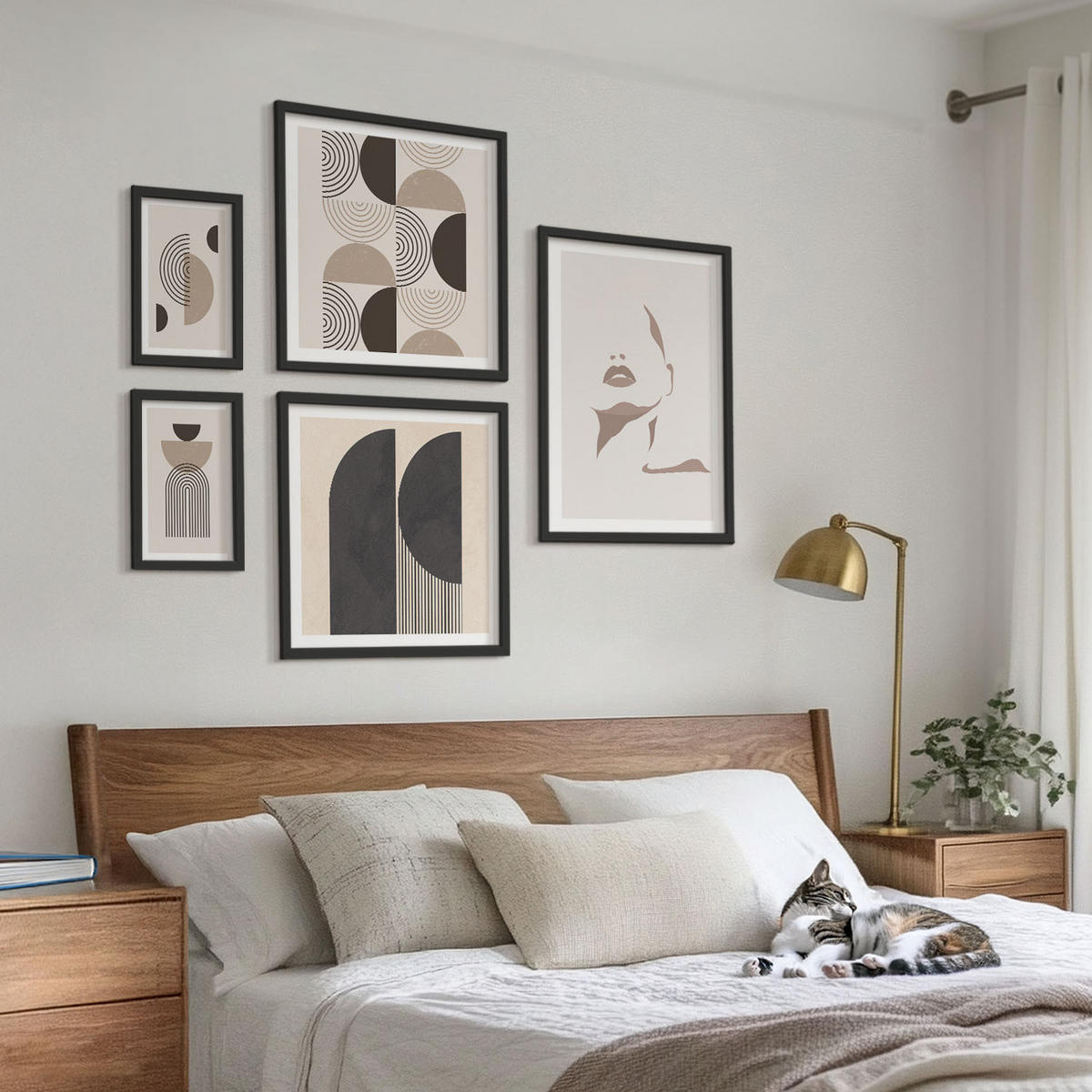 BILDER SET 5er Set - 50x50 cm & 20x30 cm & 40x60 cm Schwarzer Rahmen - Abstrakte Gesichtsformen - Schwarz, Kunststoff (40/60cm) - TULUP