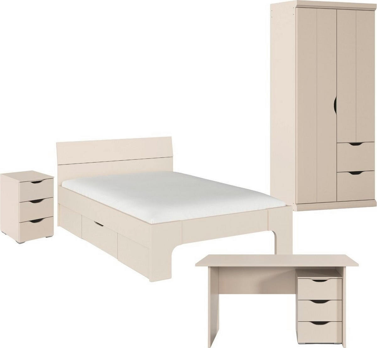 JUGENDZIMMER Frieda in Beige 5-teilig mit 2 türigem Kleiderschrank mit Schubkästen, 140er Jugendbett, Nachttisch, Schreibtisch mit Container - Beige, Holzwerkstoff (80/200/120cm)