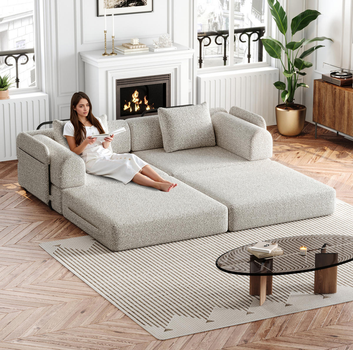 SCHLAFSOFA 2-in-1 mit Armlehnen-Ablagefach in Khaki Chenille 200/90/80 cm - Naturfarben, Textil (181.6/49.5/94cm) - OKWISH