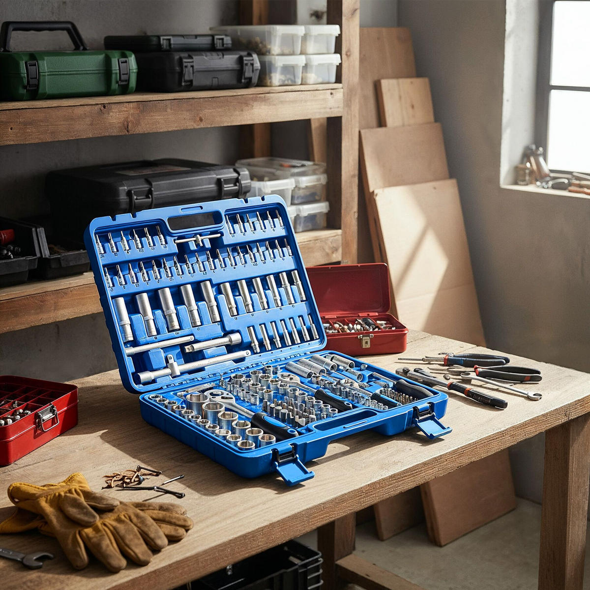 STECKSCHLÜSSELSATZ, übersichtliche Anordnung im Kunststoffkoffer,blau - Blau, Metall (46.5/33.5/9cm) - tectake