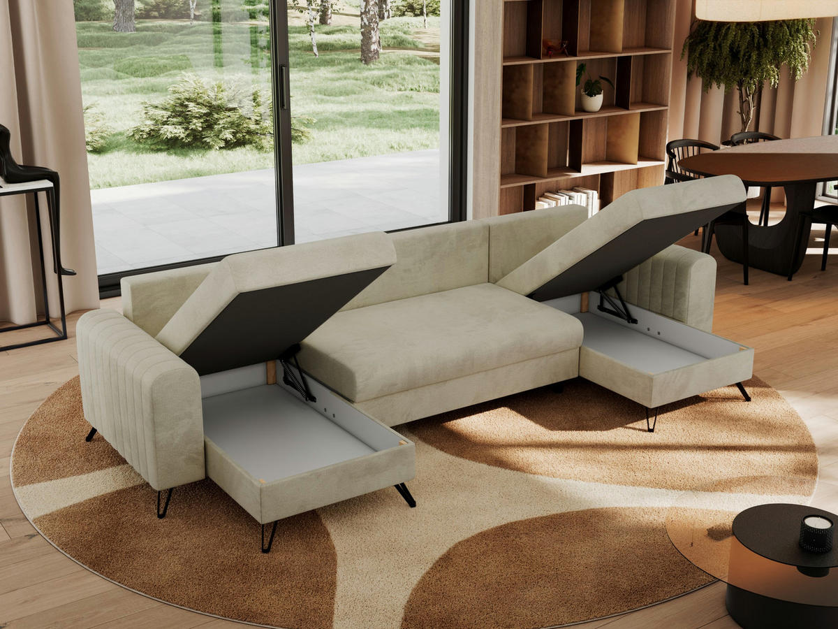 WOHNLANDSCHAFT AXEL U Velvet Beige - Beige/Schwarz, Textil/Metall (312/90/140cm) - MKS
