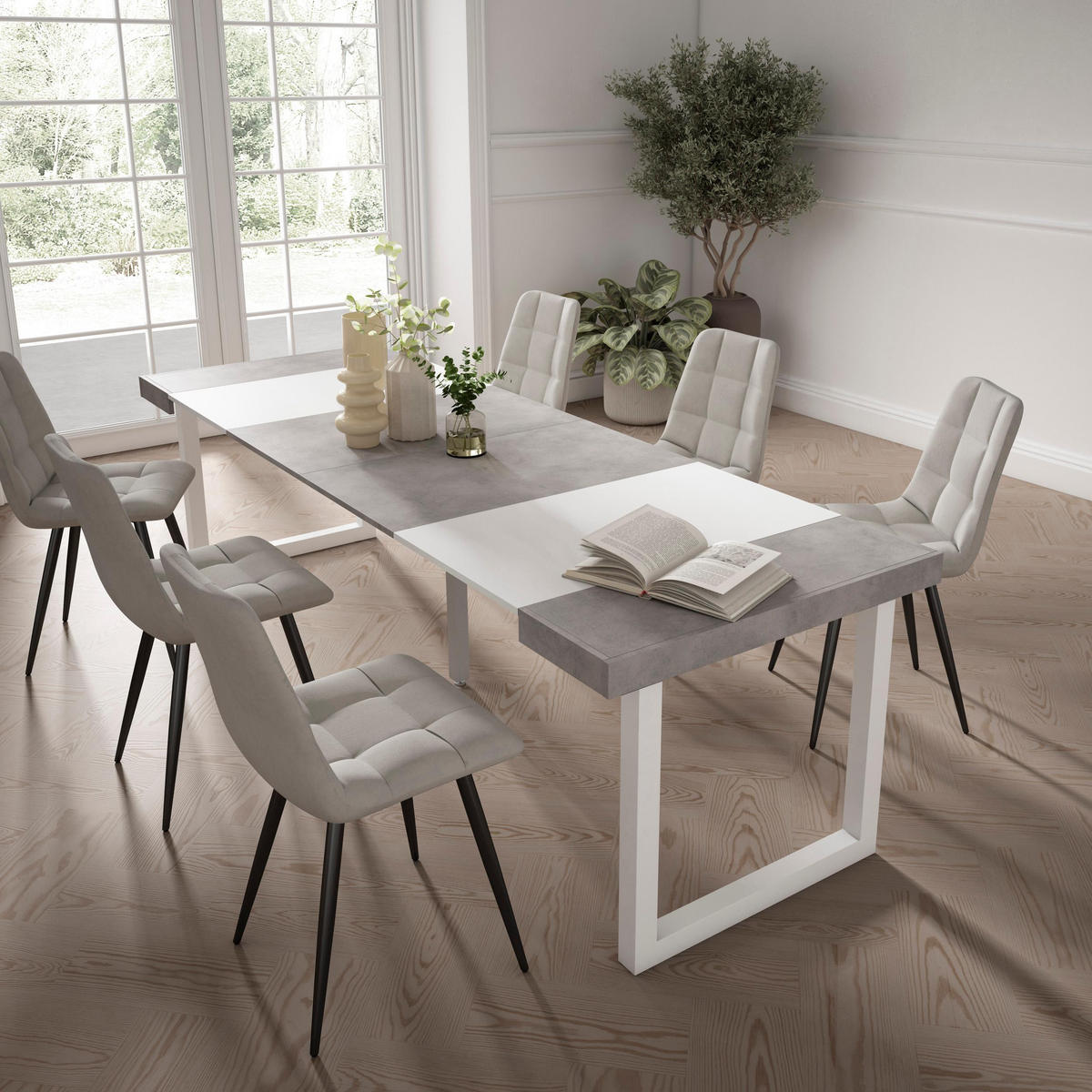 KONSOLENTISCH ausziehbar 58 bis 262cm, für 12 Gäste, weiß zementgrau, 90/58/73cm - Weiß/Grau, Holzwerkstoff (90/262/73cm) - Skraut Home