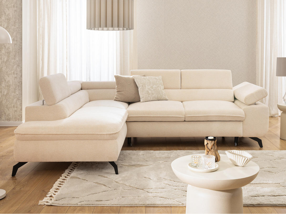 ECKSOFA mit Schlaffunktion und Bettkasten Bonnie aus Hellbeige Chenille-Stoff mit verstellbaren Kopfstützen und Armlehne - Ottomane links - Beige/Schwarz, Holz/Textil (275/210cm) - S-Style Möbel