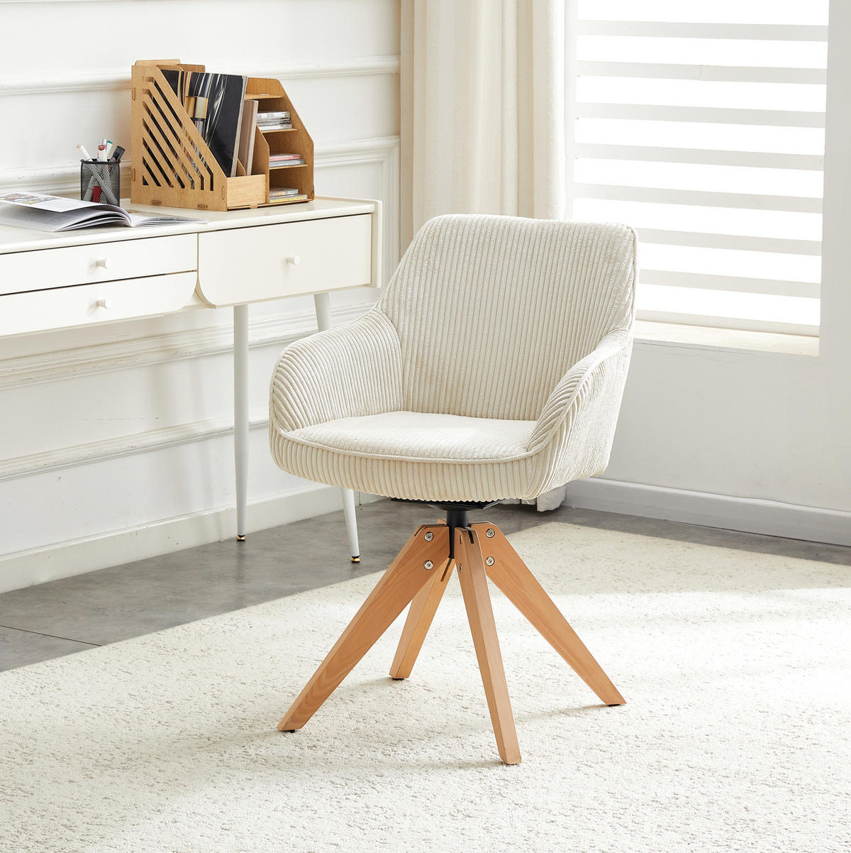 DREHSTUHL 2er-Set 360° drehbar Off White mit Massivholzbeinen - Weiß, Holz (44/84/56cm) - Meubliv