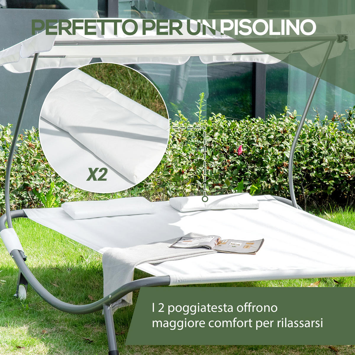 SONNENLIEGE Doppelte 2-Sitzer-Sonnenliege mit verstellbarem Sonnenschirm 200 x 175 x 134 cm ,Creme - Creme, Metall (175/155/200cm) - Vallsero