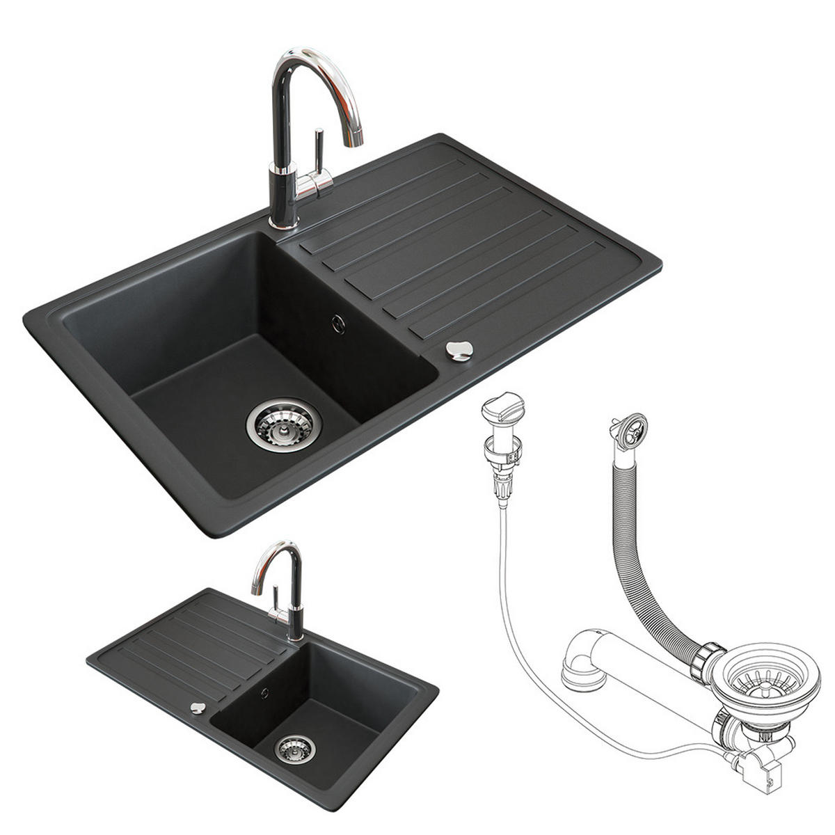SPÜLBECKEN Schwarz 76.5 x 46 cm mit Trockenplatz - Schwarz, Keramik (76.5/19/46cm) - Bergstroem