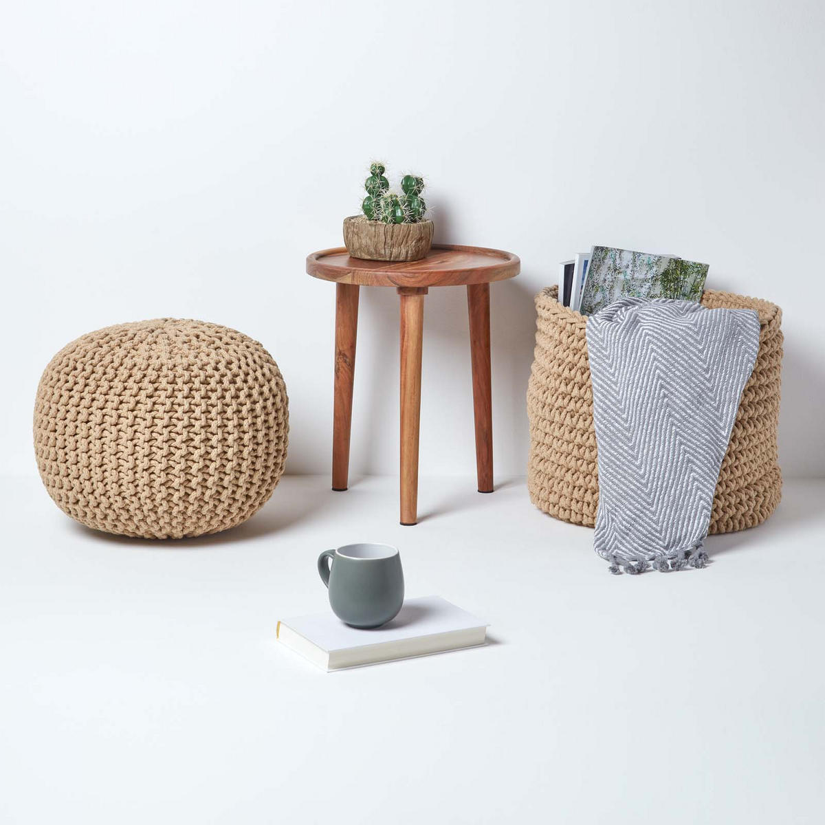 STRICK-POUF beige, 40/40/35 cm - Beige, Textil (40/35/40cm) - Homescapes