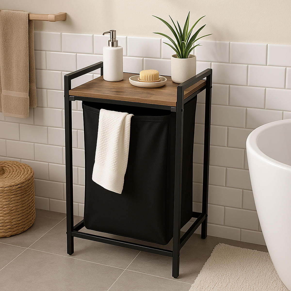 WÄSCHESAMMLER - Schwarz, Holzwerkstoff/Textil (50/72/33cm) - Relaxdays