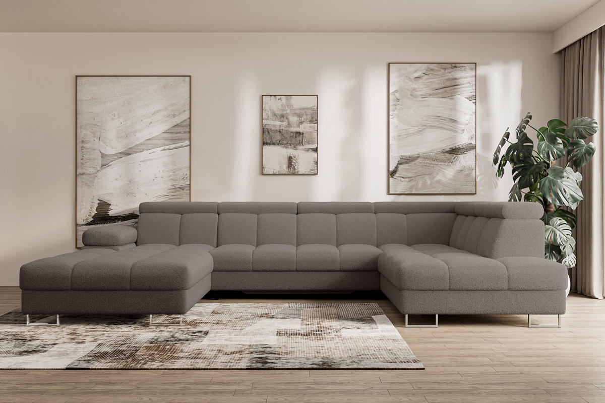 WOHNLANDSCHAFT mit Schlaffunktion und Bettkasten Ottomane RECHTS COMA U 345x203x79 Braun Bouclé - Dunkelbraun, Holzwerkstoff/Textil (203/79/345cm) - ALTDECOR