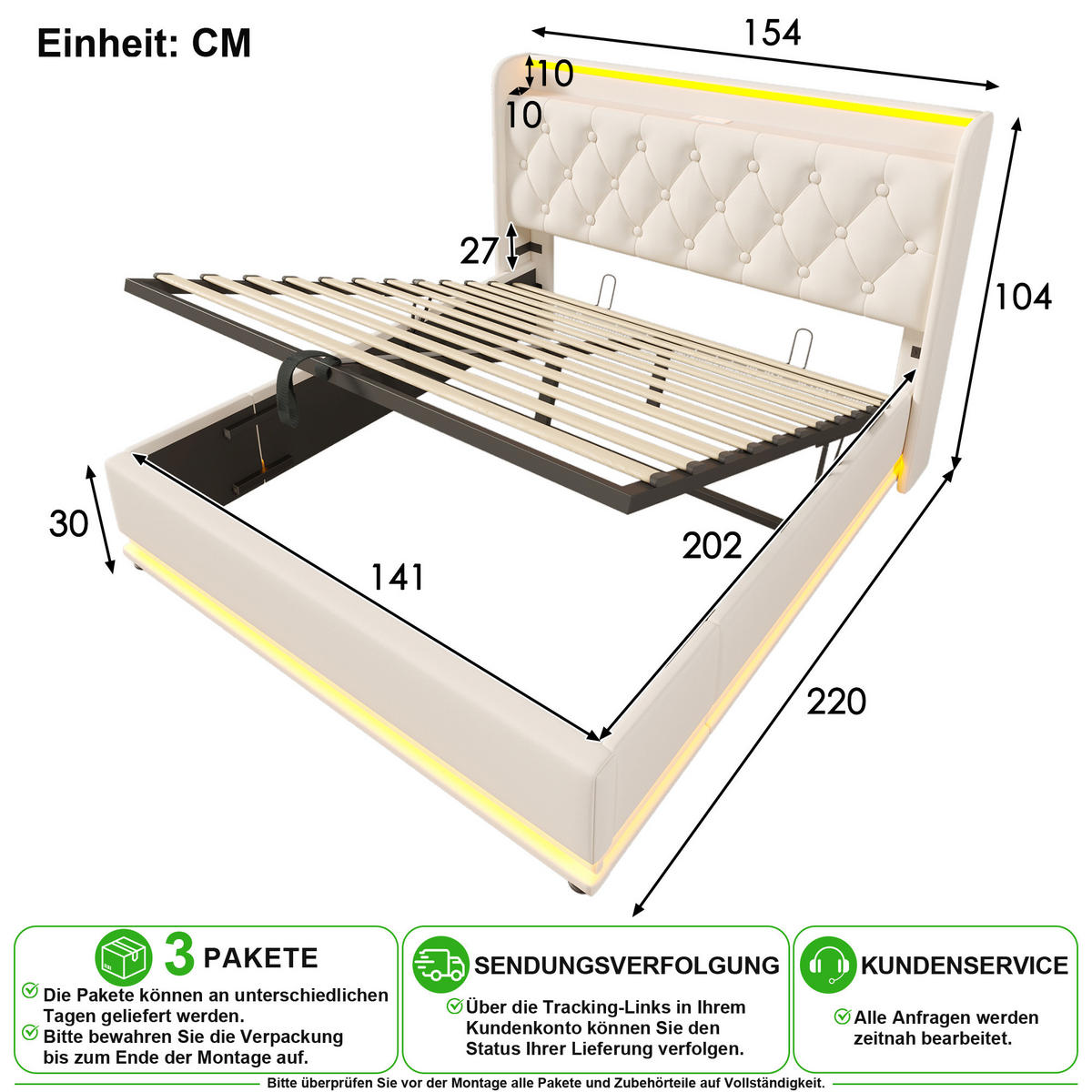POLSTERBETT 140/200 cm in Weiß PU mit Bettkasten, LED, USB und Matratze - Weiß, Holzwerkstoff/Textil (140/200cm) - CHICFURN