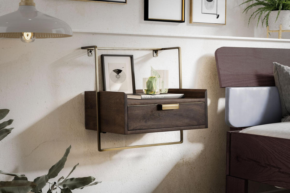 NACHTTISCH Mango Massivholz Wandmontage Schublade Boxspringbett, Braun 44x35x45 cm - Goldfarben/Braun, Holz/Metall (44/45/35cm) - KADIMA DESIGN