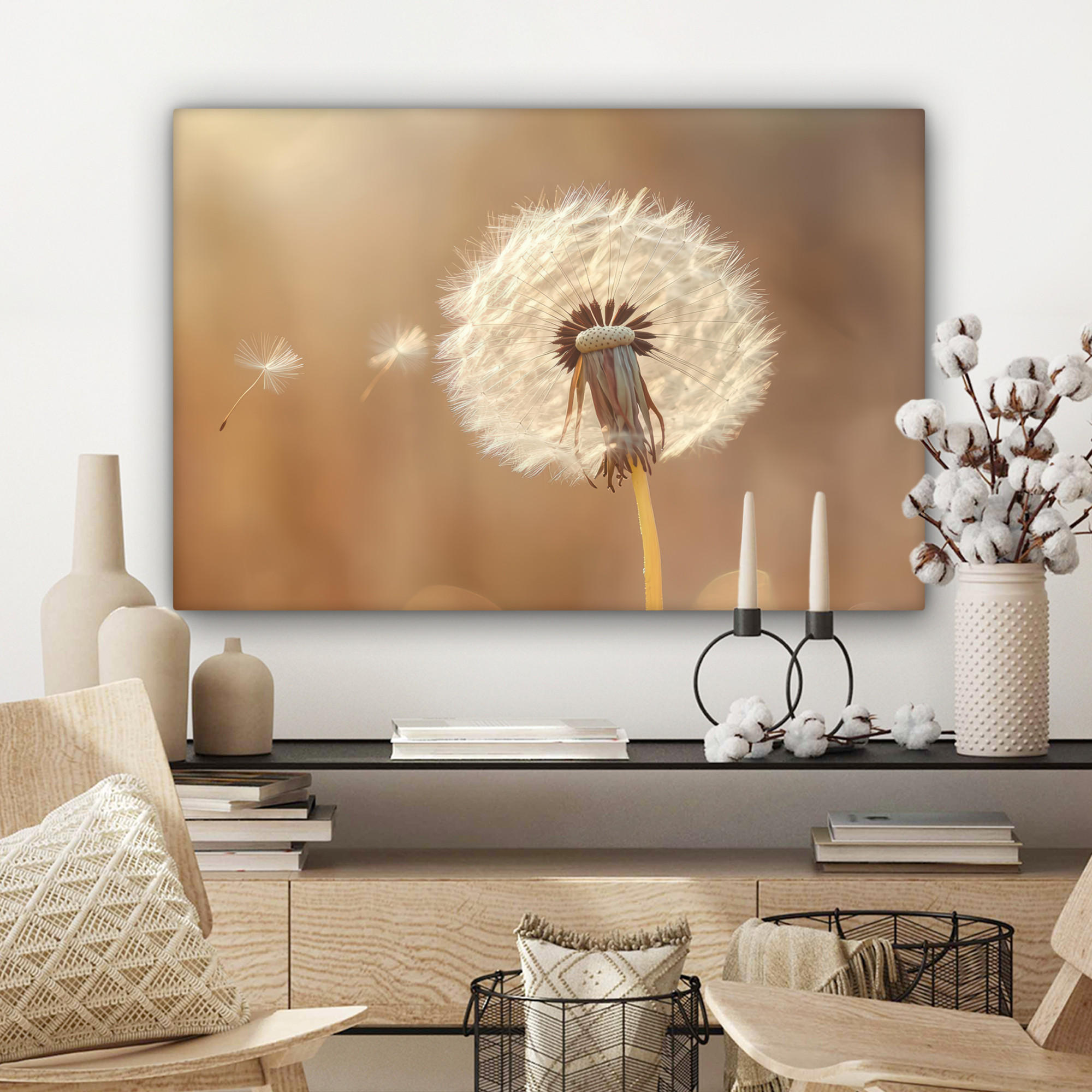 LEINWANDBILD Löwenzahn - Beige - Natur - Blume Wanddeko 90x60 cm - Hellbraun, Textil (90/60cm) - MuchoWow