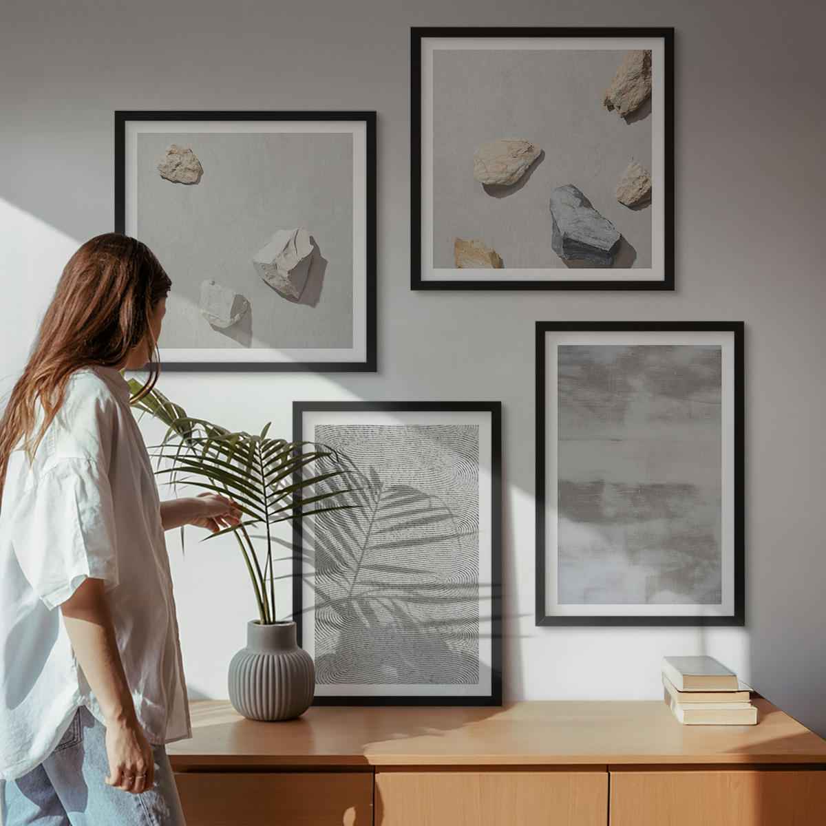 BILDER SET 4er Set - 50x50 cm & 40x60 cm Schwarzer Rahmen - Moderne minimalistische Texturen - Schwarz, Kunststoff (50/50cm) - TULUP