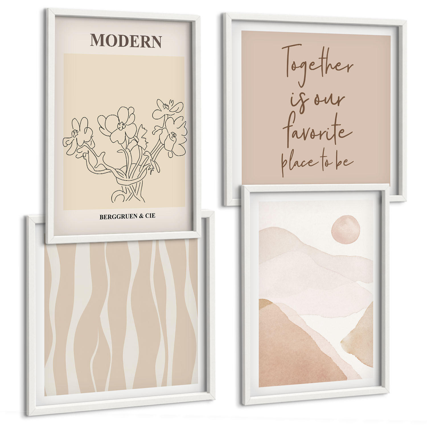 BILDER SET 4er Set - 50x50 cm & 40x60 cm Weißer Rahmen - Abstrakte Formen und Farben - Weiß, Kunststoff (50/50cm) - TULUP