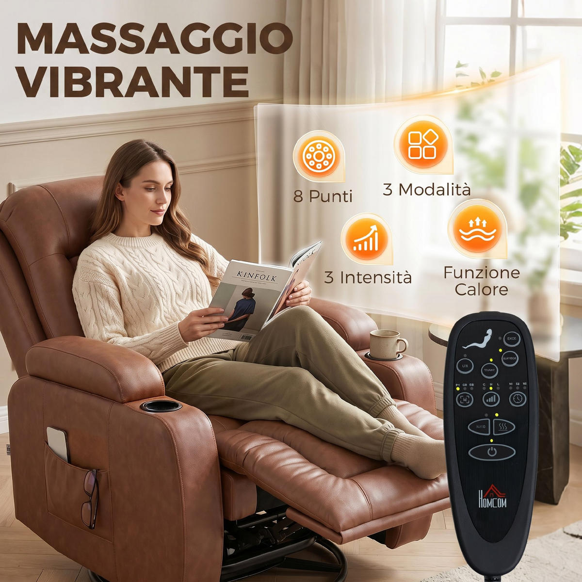 MASSAGESESSEL,MANUELL 150° Wärme Fernbedienung Getränkehalter PU-Leder,hellbraun - Braun, Leder (85/104/94cm) - Vallsero
